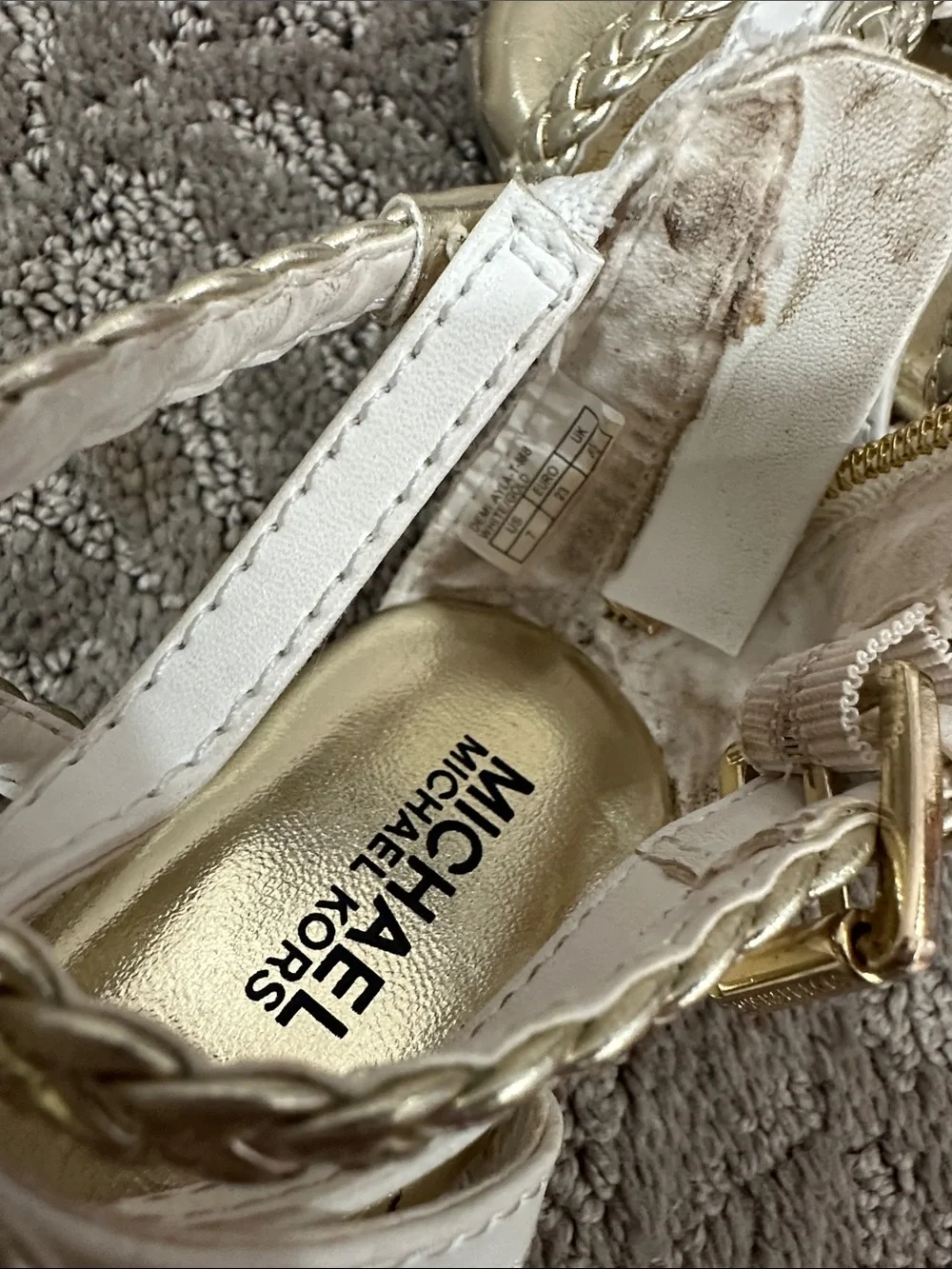 Michael Kors White and Gold Braided Strap Sandals